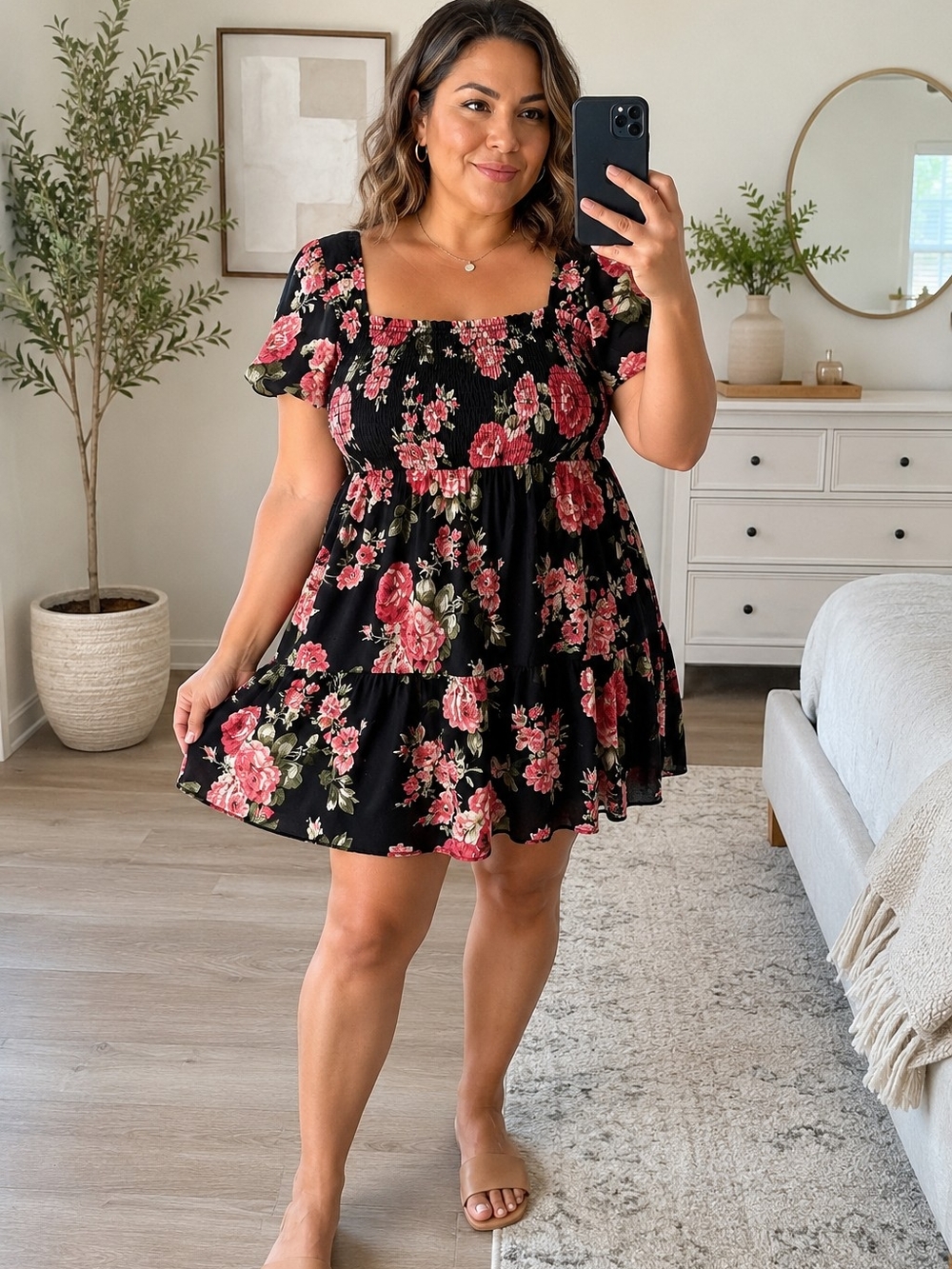 Black Floral Smocked Mini Dress Fits Size 14/16 Lightweight & Flowy New - Picture 1 of 9